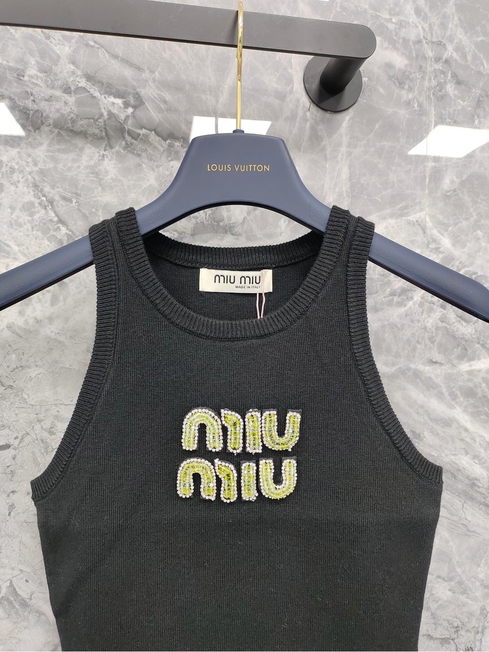 Miu Miu Black Ribbed Tank with Neon Yellow-Green Logo - Picture 4 of 5